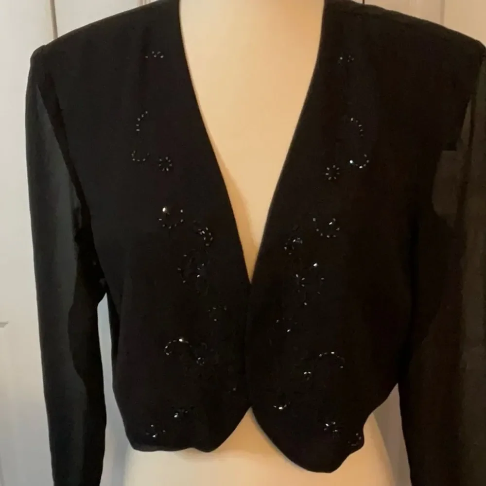 R &‎ K Originals Blazer Jacket Coverup Black Sheer Sleeves Size 12